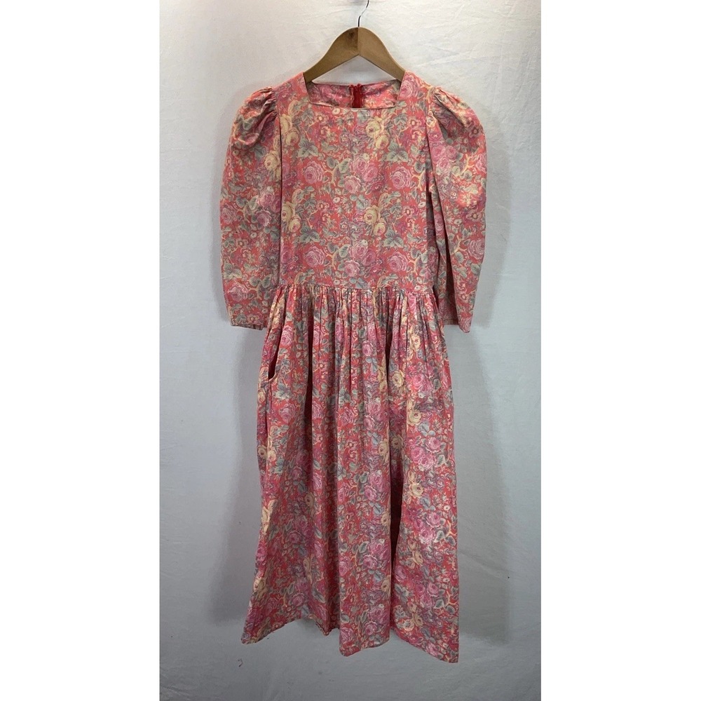 Laura Ashley Pink Floral Midi Dress US 12 Vtg Cotton Prairie Cottage Tea 80s